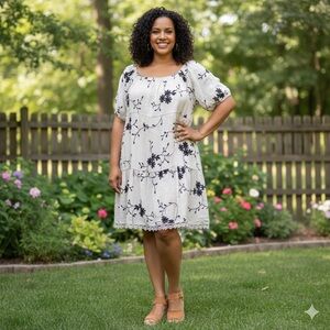 Kindred Embroidered Boho Dress 1X Cream Black Tiered Crochet Lace Lined Skirt